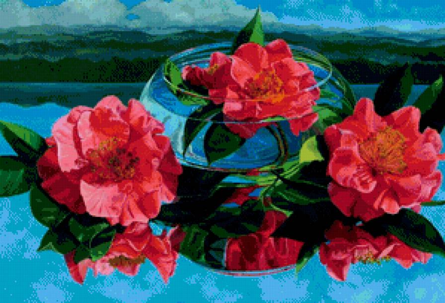 алые цветы в стекле - букет, живопись, цветы, картина, стекло, панно - предпросмотр