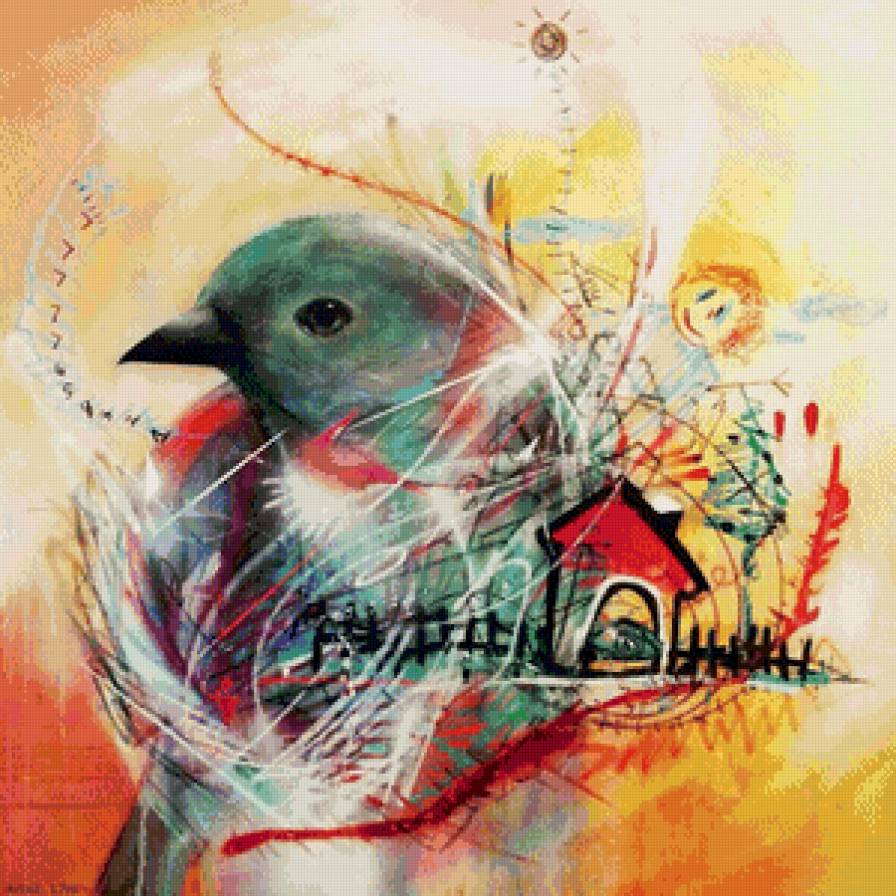 весенняя птичка - панно, птица, весна, абстракция, детское, краски, акварель, дом - предпросмотр