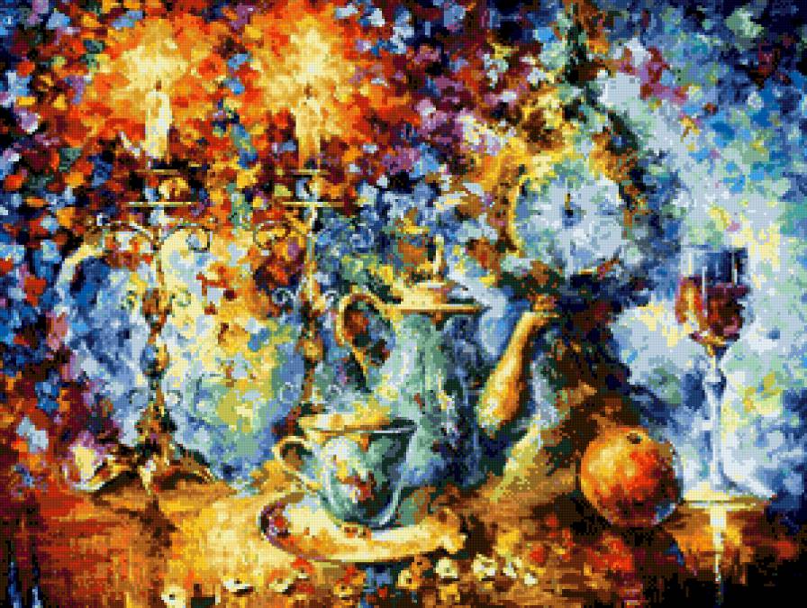 Вечерний чай. По мотивам Л. Афремова - натюрморт, свечи, чайник, вечер - предпросмотр