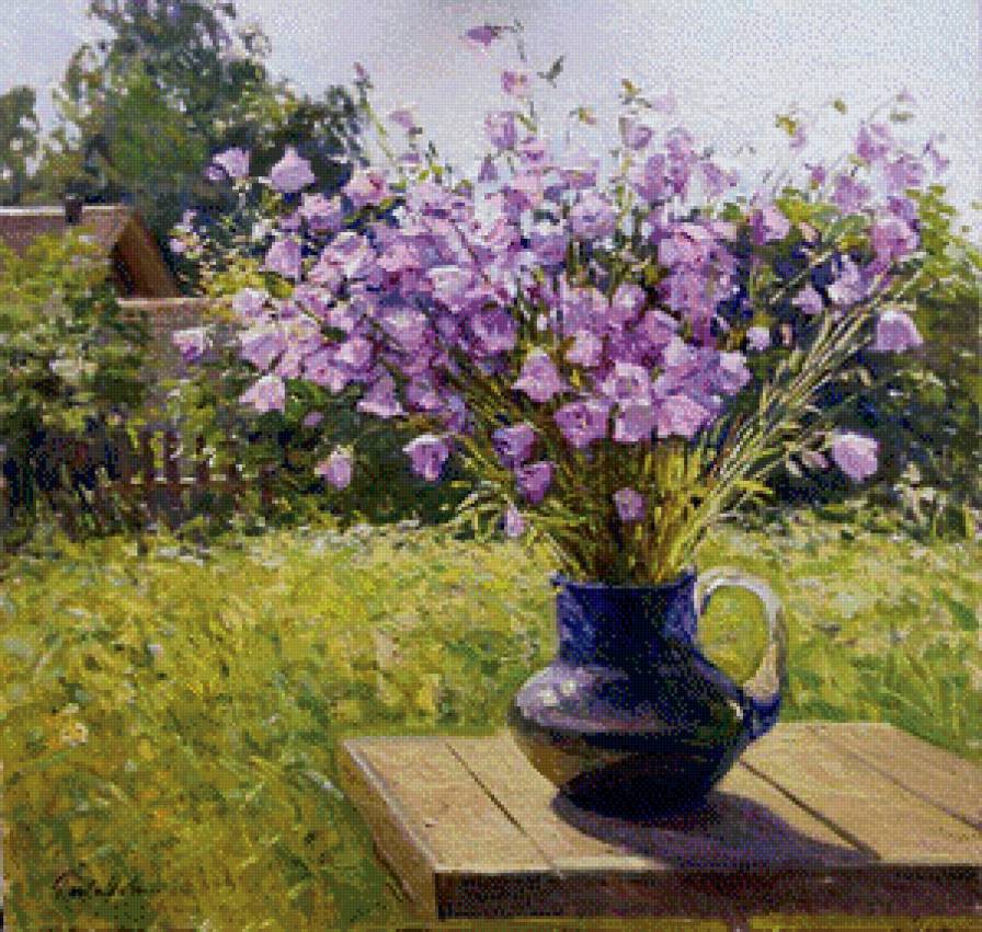 букет колокольчиков - стол, крынка, цветы, деревня, колокольчики - предпросмотр