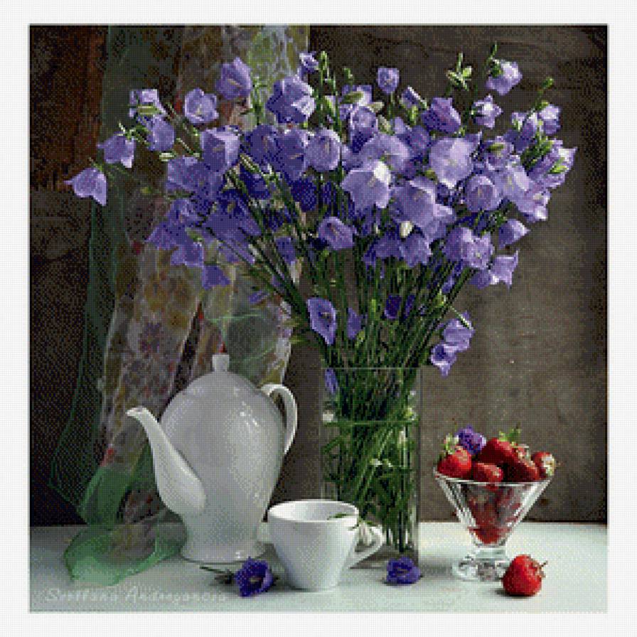 натюрморт с колокольчиками - колокольчики, ягоды, ромашки, натюрморт - предпросмотр