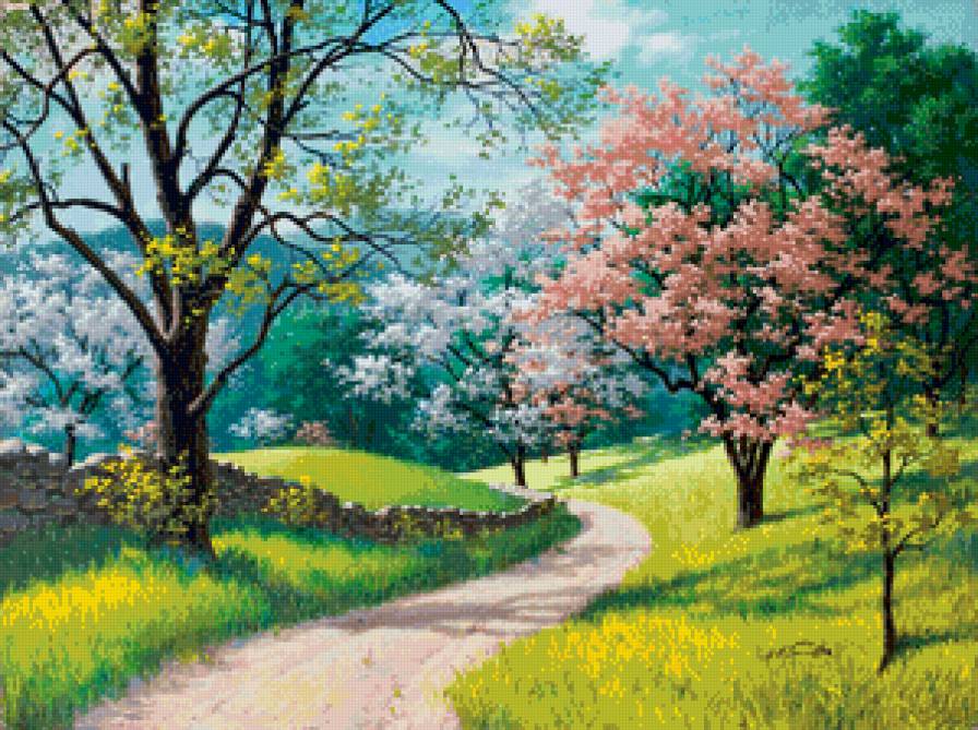 весна пришла - сад, вишня, пейзаж, природа, живопись, абрикос, весна, цвет - предпросмотр