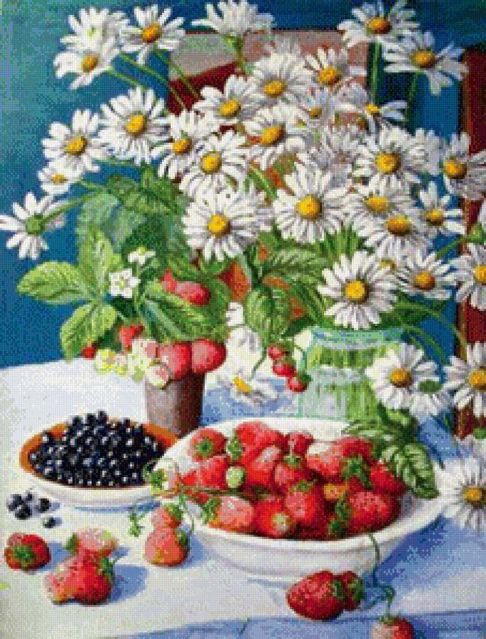 №867513 - ромашки, клубника, натюрморт, цветы - предпросмотр