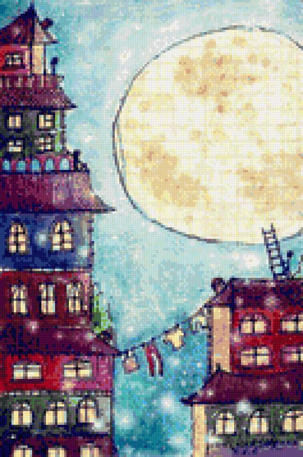 домик с луной - дом, луна, город, домик - предпросмотр