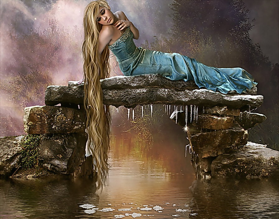 девушка - фэнтези, в голубом, длинноволосая, девушка - оригинал