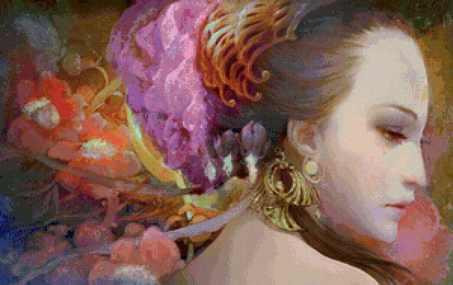 девушка с цветами - арт, цветы, фэнтэзи, девушка, живопись, портрет, девочка - предпросмотр