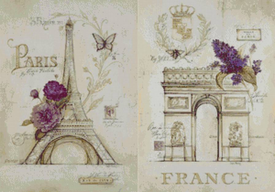 диптих париж и франция - город, рисунок, париж, эйфелева башня, улица, сирень, франция - предпросмотр