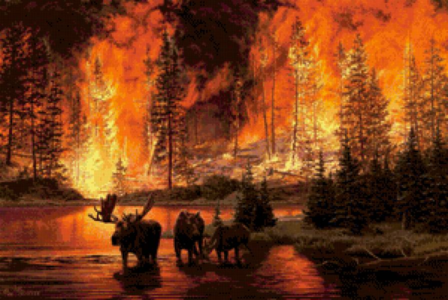 лес в огне - живопись, огонь, сосны, лес, пейзаж, озеро, лето, природа - предпросмотр