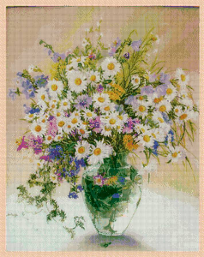 полевые цветы в вазе - колокольчики, цветы, ваза, ромашки, натюрморт - предпросмотр