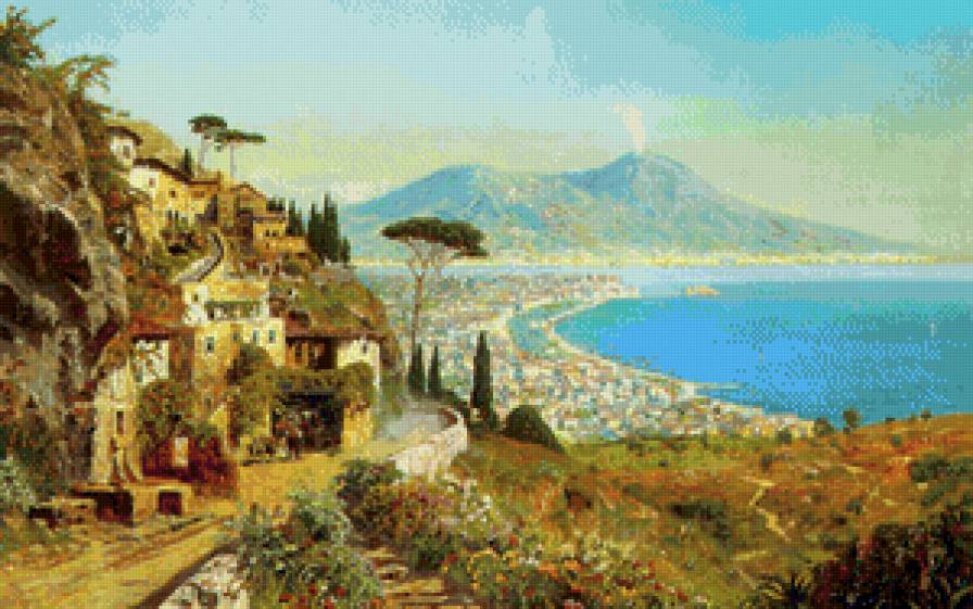 городок у моря - пейзаж, горы, город, жара, лето, живопись, лодки, гавань - предпросмотр