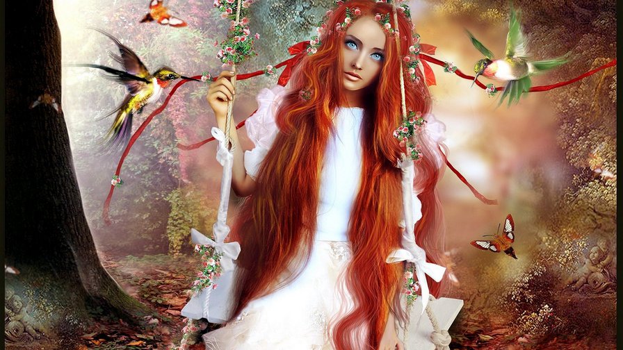 Девушка рыжая, лес, деревья, птиц - оригинал