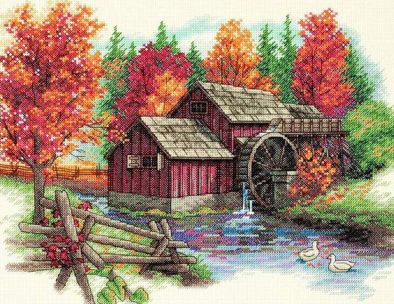 водяная мельница - мельница, деревня, вода, лес, дом - оригинал