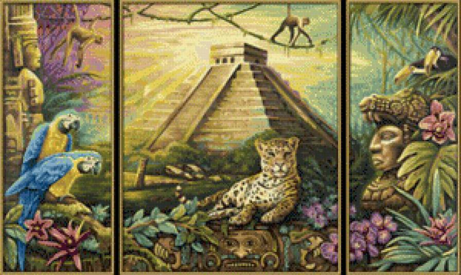 загадочный мир - деревья, здание, лес, полиптих, триптих, хищник, гепард, зверь - предпросмотр