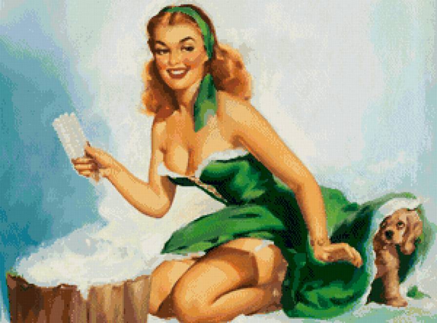 девушка с собачкой - девушка, рисунок, женщина, пин ап, собака, ретро, щенок, красота - предпросмотр