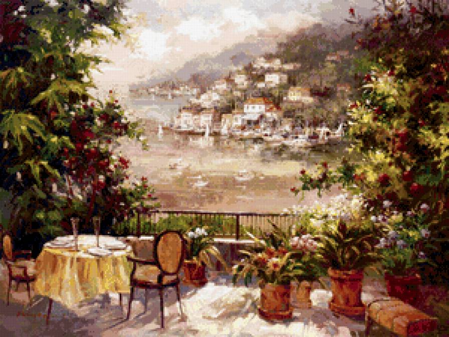 терраса с видом на море - романтика, терраса, пейзаж, лето, море, лодки, город, юг - предпросмотр