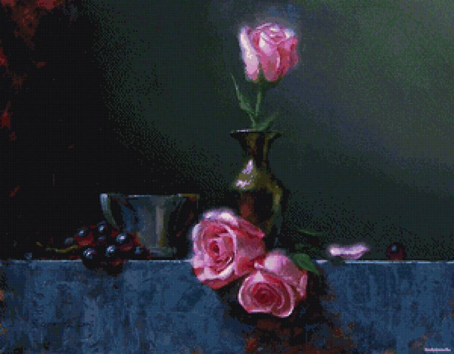 натюрморт с розами - фрукты, ваза, натюрморт, розы, виноград, цветы, живопись - предпросмотр