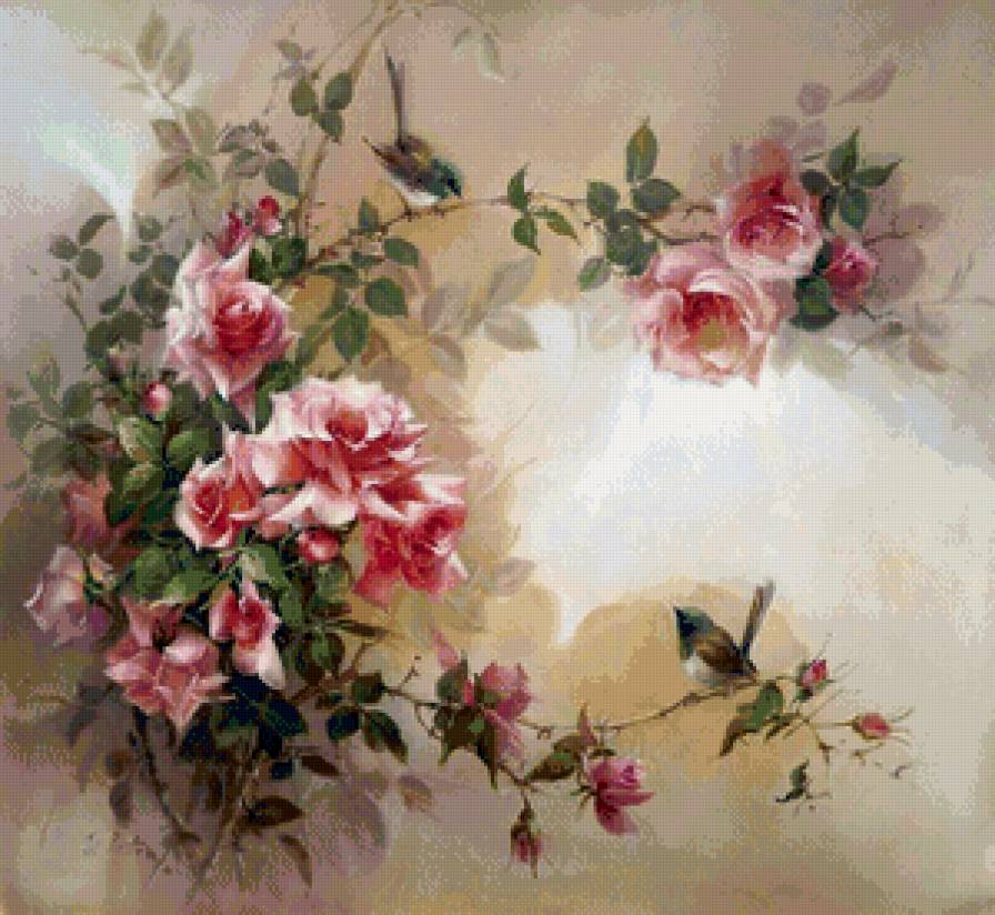 ветка с розами - цветы, картина, ветка, птица, розы - предпросмотр