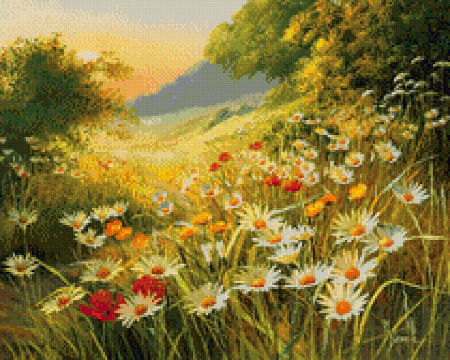 Поляна цветов - деревья, цветы - предпросмотр