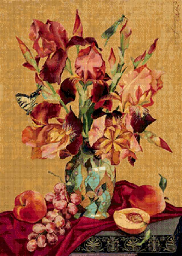 ирисы, виноград и персики - фрукты, персики, букет, ирисы, цветы, ваза, живопись, виноград - предпросмотр