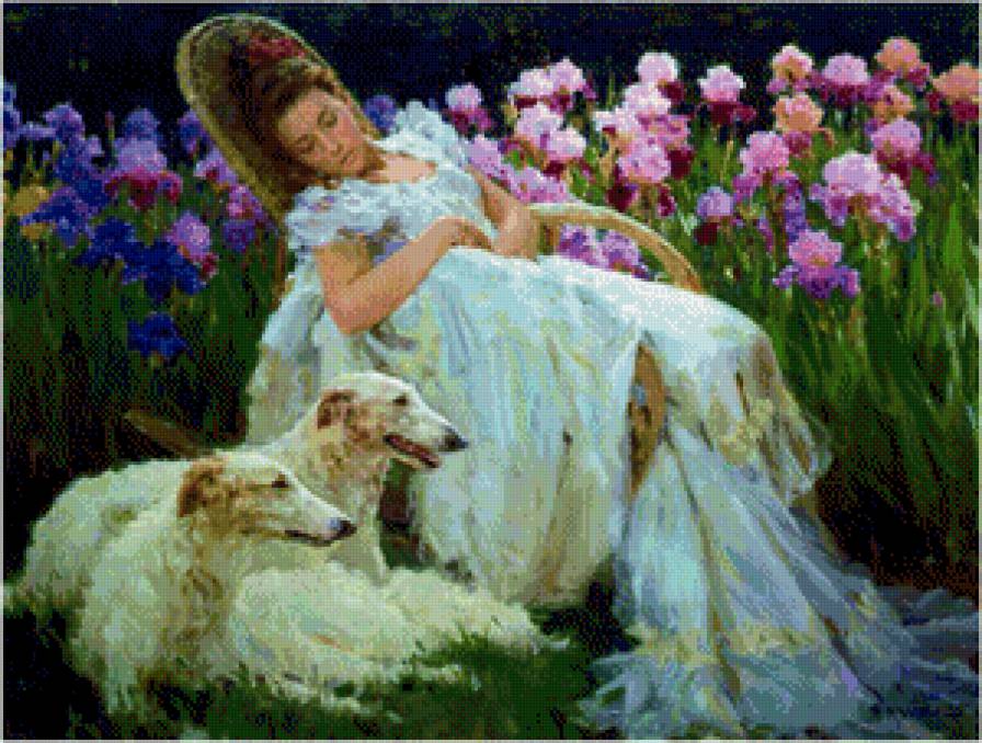 №881122 - девушка, собаки, сон, цветы - предпросмотр