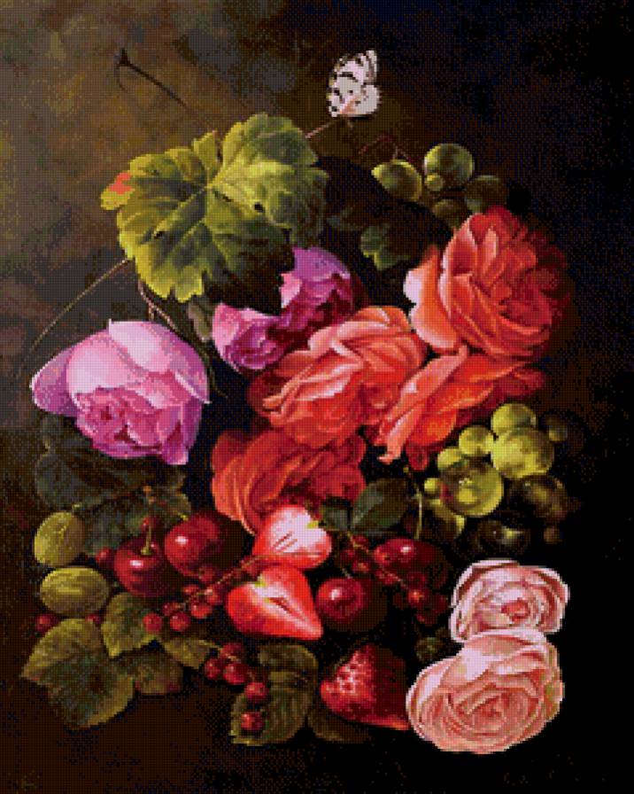 розы, виноград и клубника - кухня, натюрморт, клубника, розы, фрукты, еда, виноград - предпросмотр