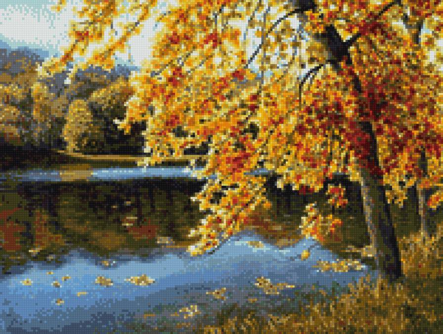 фотообои - река, деревья, листья, осень - предпросмотр