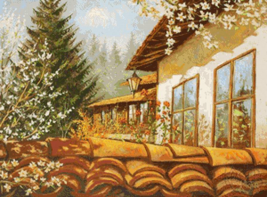 Юлиан Кръстев. Пролет (весна) - весна, дом в деревне, деревня, пейзаж - предпросмотр