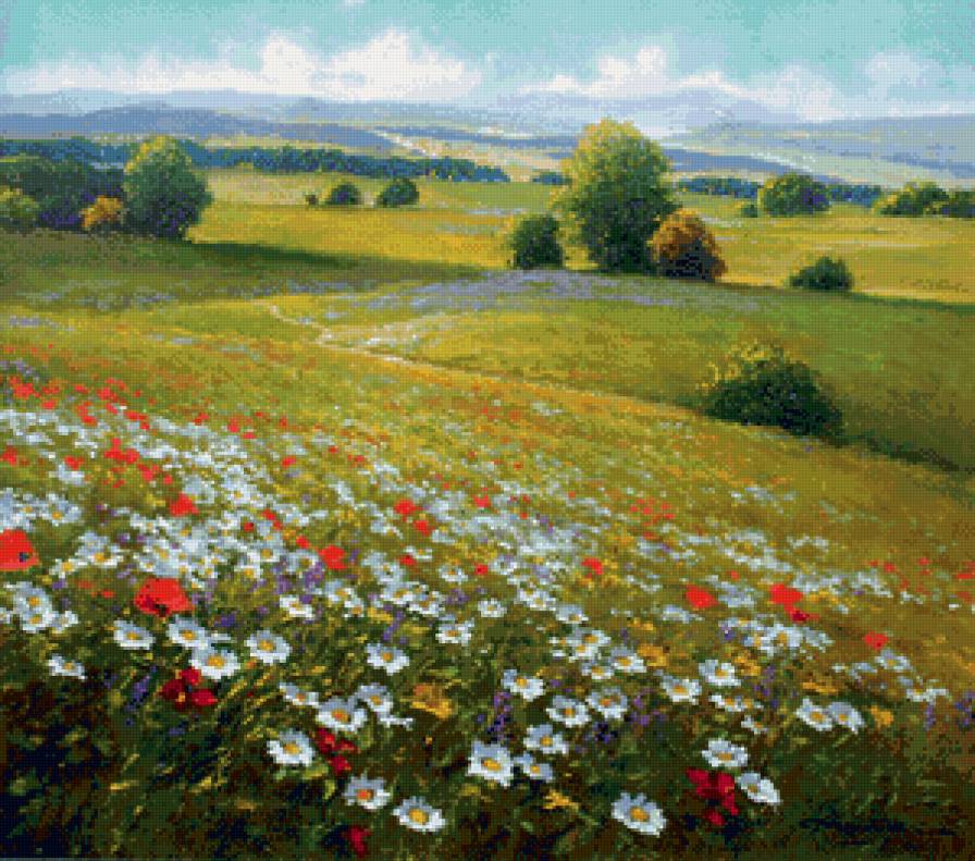 пейзаж с летним полем - живопись, лето, пейзаж, ромашки, цветы, поле, природа - предпросмотр
