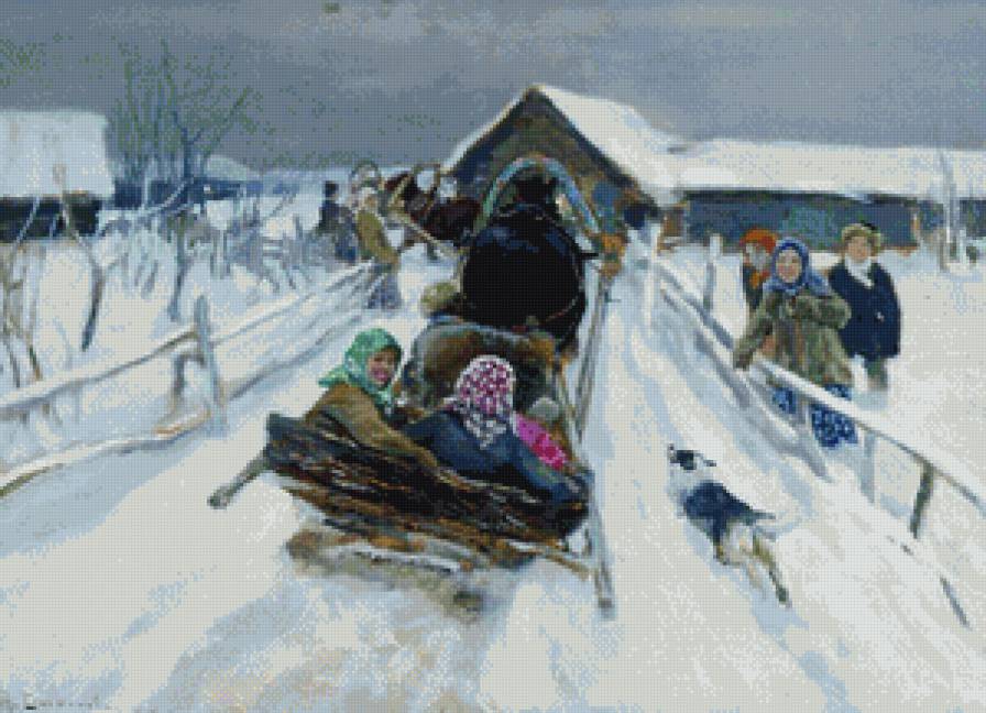 №882799 - сани, лошади, зима, собака, люди - предпросмотр