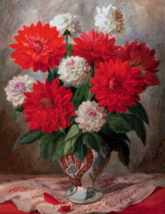 Георгины по картине В. Кирьяновой - натюрморт, цветы, георгины, букет - предпросмотр