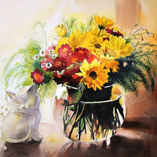 Схема вышивки «натюрморт с цветами и кошечкой»