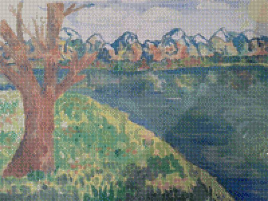 Природа - озеро, дерево, горы - предпросмотр