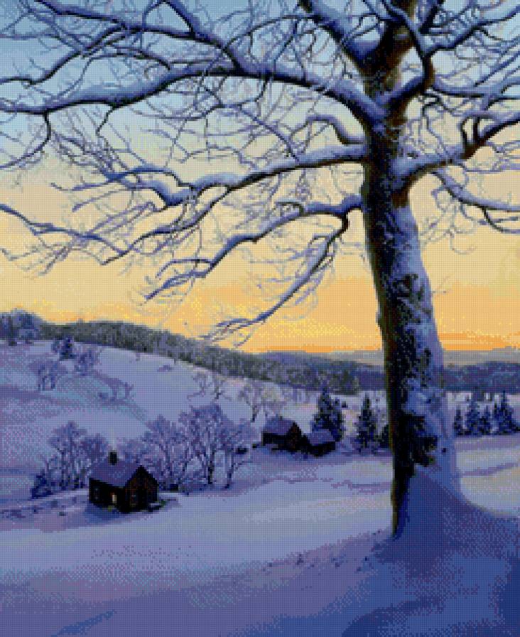 зимний вечер - арт, природа, вечер, дерево, снег, живопись, зима - предпросмотр