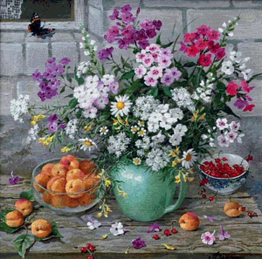 цветы, абрикосы и вишни - вишни, цветы, фрукты, ваза, букет, живопись, натюрморт, абрикосы - предпросмотр