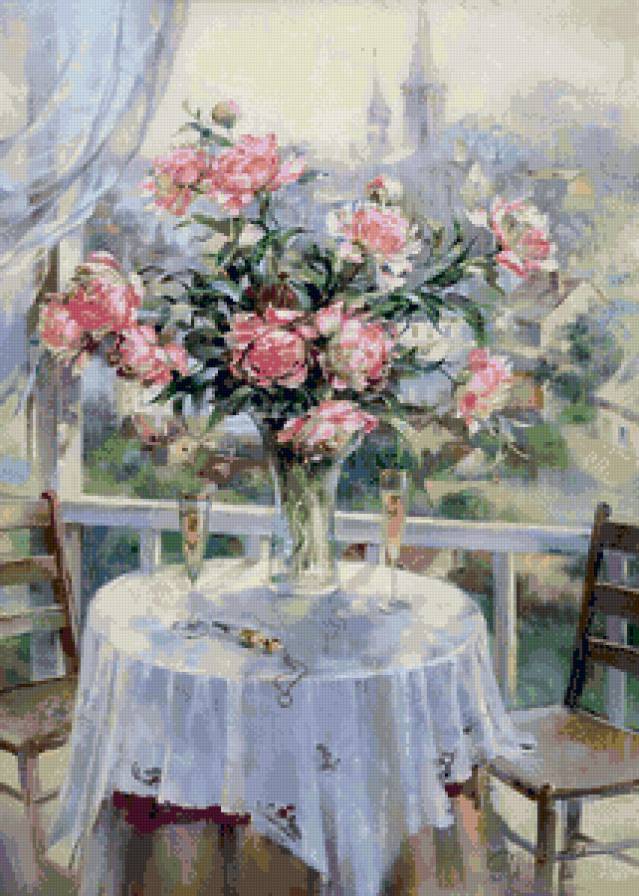 пионы в вазе у окна - окно, живопись, натюрморт, пионы, цветы, весна, ваза, букет - предпросмотр