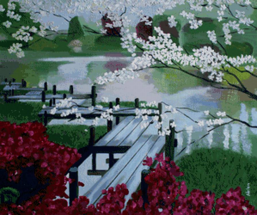 японский сад - мост, река, весна, япония, арт, сакура, природа, пейзаж, восток - предпросмотр