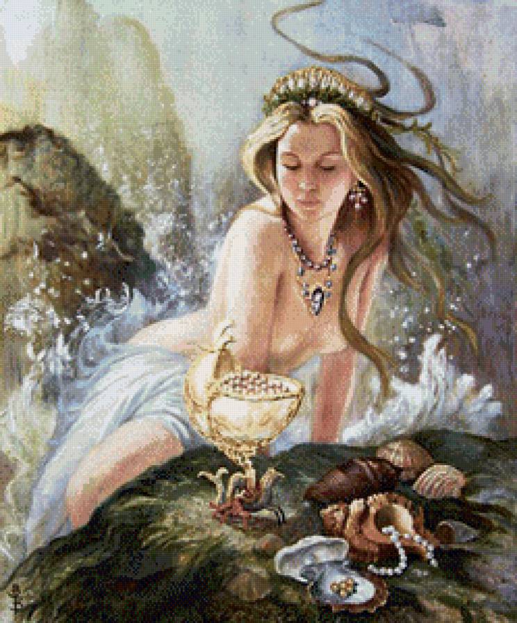 русалка - девушка, море, жемчуг, морской конек, картина, ракушки - предпросмотр