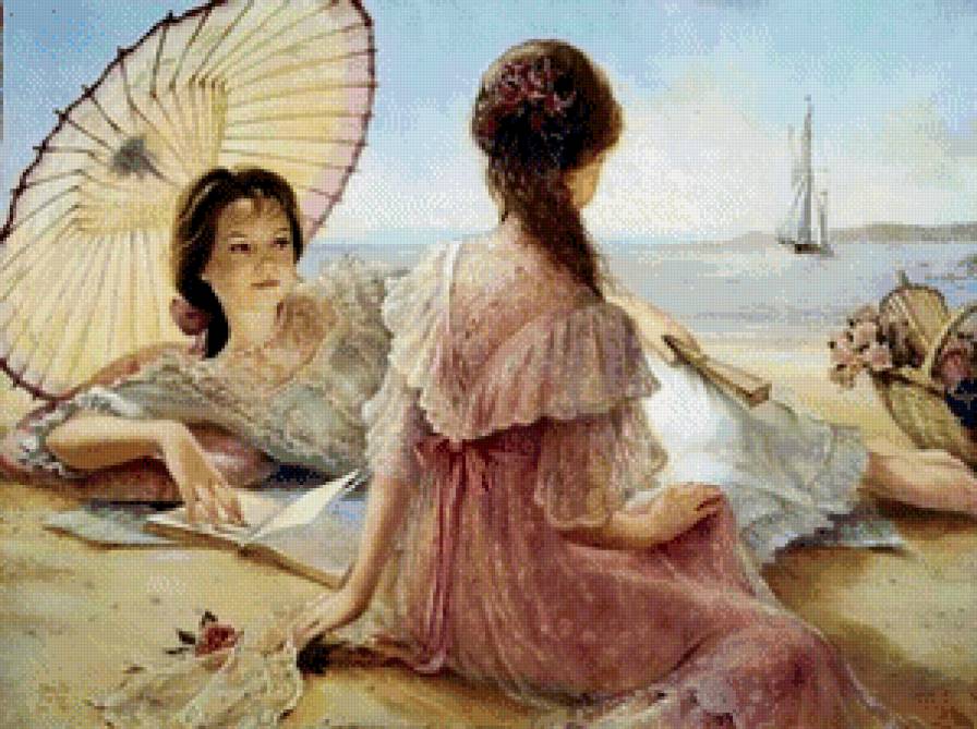 подруги - лето, зонтик, девушки, парус, картина, природа, отдых, море - предпросмотр