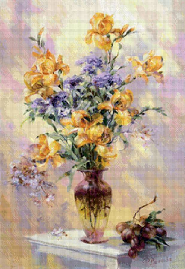 ирисы в вазе - цветы, натюрморт, букет, ваза, ирисы, акварель, живопись - предпросмотр