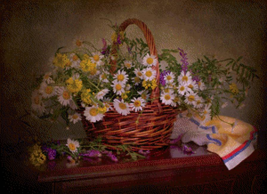 корзина с ромашками - ромашки, корзина, полотенце - предпросмотр