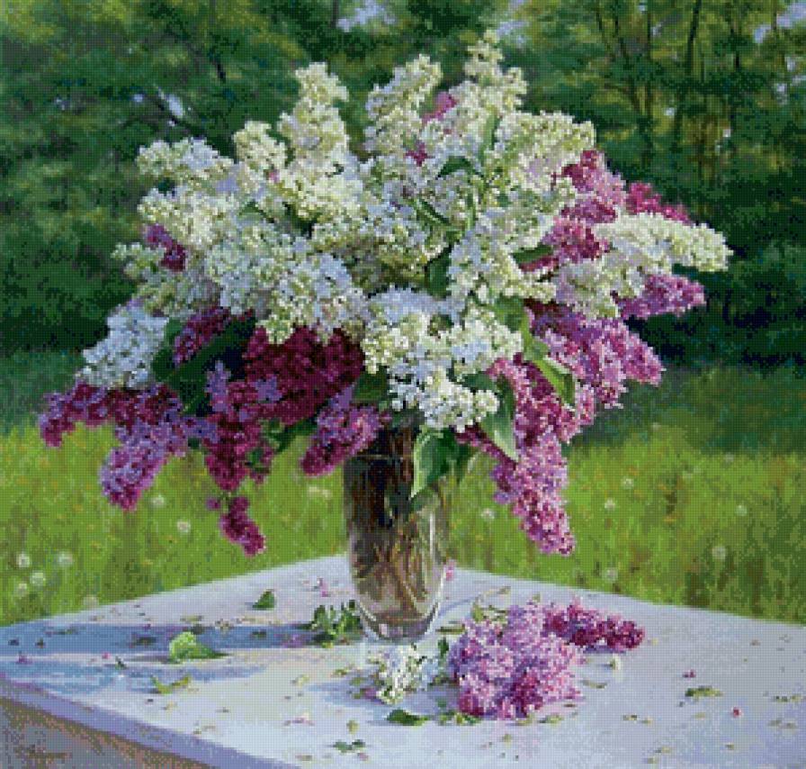 букет сирени в саду - сирень, натюрморт, сад, весна, нежность, живопись, ваза, букет - предпросмотр