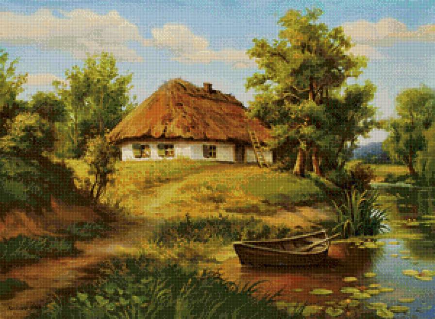 домик у реки - пейзаж, живопись, уют, природа, река, лодка, село, домик, сад - предпросмотр