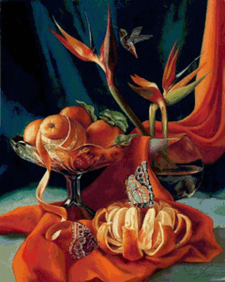натюрморт с апельсинами, бабочками и цветами - бабочки, цветы, натюрморт, фрукты, апельсины, кухня, живопись - предпросмотр