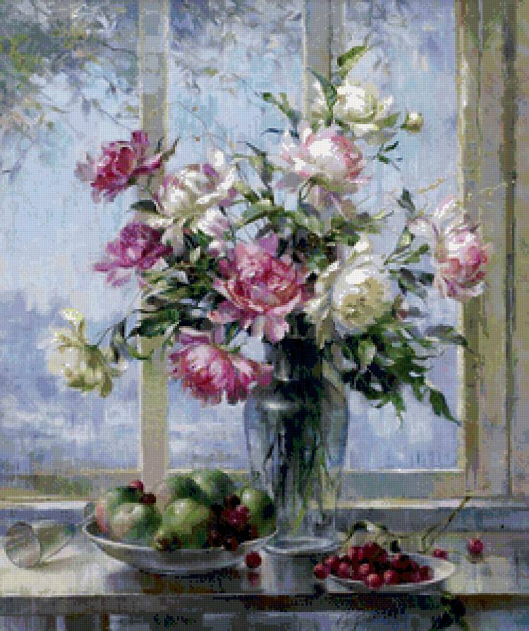 пионы в вазе у окна - нежность, яблоки, цветы, пионы, букет, живопись, весна, окно - предпросмотр