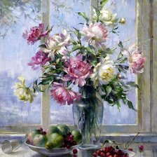 Схема вышивки «пионы в вазе у окна»