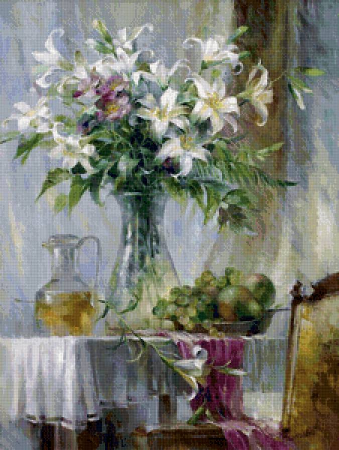 лилии и фрукты - букет, ваза, груши, живопись, цветы, виноград, лилия, акварель - предпросмотр