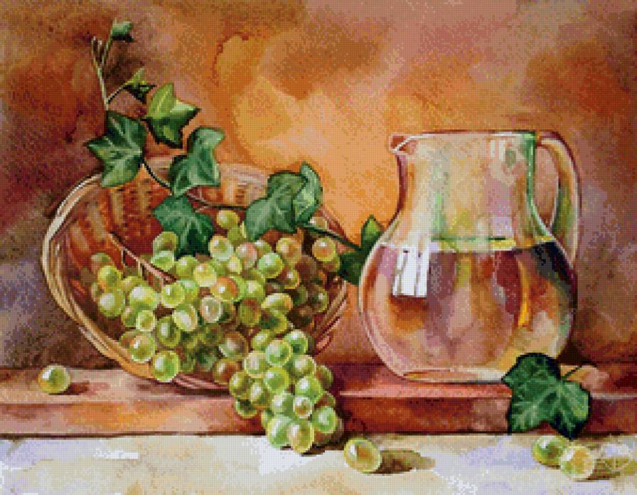 вино и виноград - вино, бочонок, натюрморт, кухня, еда, виноград, кувшин - предпросмотр