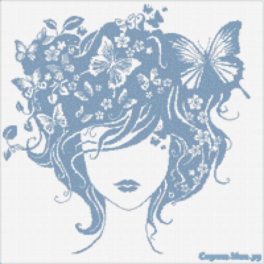 бабочки в волосах - монохром, бабочка, лицо, девушка, синий, голубой, рисунок - предпросмотр