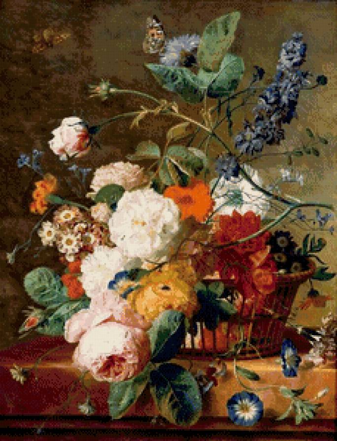 Корзина с цветами и бабочки - натюрморт, букет, бабочки - предпросмотр