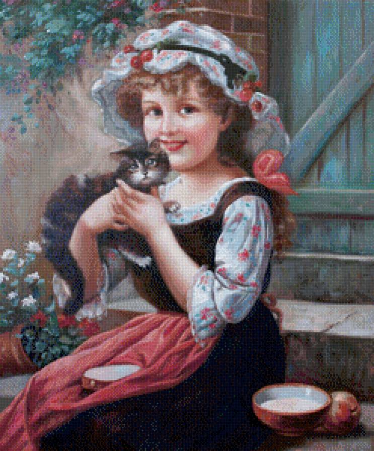 девочка с котенком - девочка, котенок, картина, ребенок, животное - предпросмотр